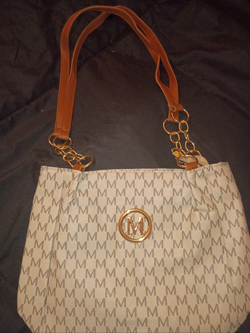 Monogram-Pattern Tote Bag with Tan Straps